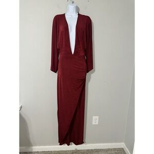 JLUXLABEL Red Ruched Drape Maxi Dress High Slit Deep Plunge V-Neck Sz M